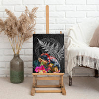New Zealand Tuatara Canvas Wall Art Silver Fern Hibiscus and Tribal Maori Pattern Black Color