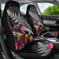 New Zealand Tuatara Car Seat Cover Silver Fern Hibiscus and Tribal Maori Pattern Black Color
