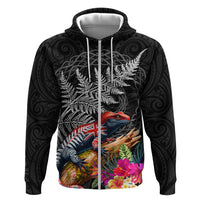 New Zealand Tuatara Hoodie Silver Fern Hibiscus and Tribal Maori Pattern Black Color