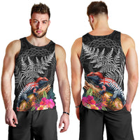 New Zealand Tuatara Men Tank Top Silver Fern Hibiscus and Tribal Maori Pattern Black Color
