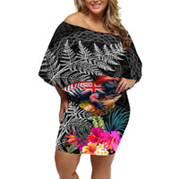 New Zealand Tuatara Off Shoulder Short Dress Silver Fern Hibiscus and Tribal Maori Pattern Black Color LT03 Women Black - Polynesian Pride