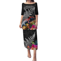 New Zealand Tuatara Puletasi Silver Fern Hibiscus and Tribal Maori Pattern Black Color LT03 Long Dress Black - Polynesian Pride