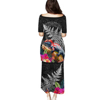 New Zealand Tuatara Puletasi Silver Fern Hibiscus and Tribal Maori Pattern Black Color LT03 - Polynesian Pride