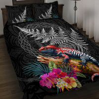 New Zealand Tuatara Quilt Bed Set Silver Fern Hibiscus and Tribal Maori Pattern Black Color LT03 Black - Polynesian Pride