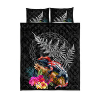New Zealand Tuatara Quilt Bed Set Silver Fern Hibiscus and Tribal Maori Pattern Black Color LT03 - Polynesian Pride