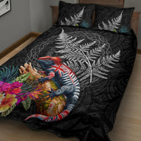 New Zealand Tuatara Quilt Bed Set Silver Fern Hibiscus and Tribal Maori Pattern Black Color LT03 - Polynesian Pride