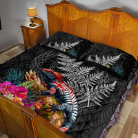 New Zealand Tuatara Quilt Bed Set Silver Fern Hibiscus and Tribal Maori Pattern Black Color LT03 - Polynesian Pride