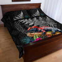New Zealand Tuatara Quilt Bed Set Silver Fern Hibiscus and Tribal Maori Pattern Black Color LT03 - Polynesian Pride