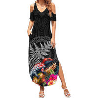 New Zealand Tuatara Summer Maxi Dress Silver Fern Hibiscus and Tribal Maori Pattern Black Color LT03 Women Black - Polynesian Pride