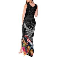 New Zealand Tuatara Tank Maxi Dress Silver Fern Hibiscus and Tribal Maori Pattern Black Color LT03 - Polynesian Pride