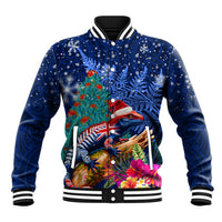 New Zealand Tuatara Christmas Baseball Jacket Silver Fern and Xmas Pohutukawa Tree Blue Color