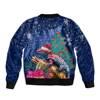 New Zealand Tuatara Christmas Bomber Jacket Silver Fern and Xmas Pohutukawa Tree Blue Color