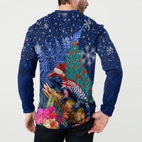 New Zealand Tuatara Christmas Button Sweatshirt Silver Fern and Xmas Pohutukawa Tree Blue Color