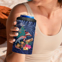 New Zealand Tuatara Christmas 4 in 1 Can Cooler Tumbler Silver Fern and Xmas Pohutukawa Tree Blue Color