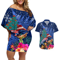 New Zealand Tuatara Christmas Couples Matching Off Shoulder Short Dress and Hawaiian Shirt Silver Fern and Xmas Pohutukawa Tree Blue Color LT03 Blue - Polynesian Pride