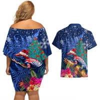 New Zealand Tuatara Christmas Couples Matching Off Shoulder Short Dress and Hawaiian Shirt Silver Fern and Xmas Pohutukawa Tree Blue Color LT03 - Polynesian Pride