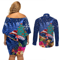 New Zealand Tuatara Christmas Couples Matching Off Shoulder Short Dress and Long Sleeve Button Shirt Silver Fern and Xmas Pohutukawa Tree Blue Color