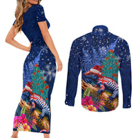 New Zealand Tuatara Christmas Couples Matching Short Sleeve Bodycon Dress and Long Sleeve Button Shirt Silver Fern and Xmas Pohutukawa Tree Blue Color