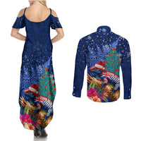 New Zealand Tuatara Christmas Couples Matching Summer Maxi Dress and Long Sleeve Button Shirt Silver Fern and Xmas Pohutukawa Tree Blue Color