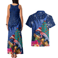 New Zealand Tuatara Christmas Couples Matching Tank Maxi Dress and Hawaiian Shirt Silver Fern and Xmas Pohutukawa Tree Blue Color