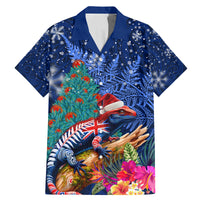 New Zealand Tuatara Christmas Family Matching Mermaid Dress and Hawaiian Shirt Silver Fern and Xmas Pohutukawa Tree Blue Color