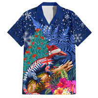 New Zealand Tuatara Christmas Family Matching Off The Shoulder Long Sleeve Dress and Hawaiian Shirt Silver Fern and Xmas Pohutukawa Tree Blue Color