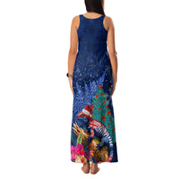 New Zealand Tuatara Christmas Family Matching Tank Maxi Dress and Hawaiian Shirt Silver Fern and Xmas Pohutukawa Tree Blue Color