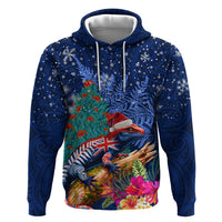 New Zealand Tuatara Christmas Hoodie Silver Fern and Xmas Pohutukawa Tree Blue Color