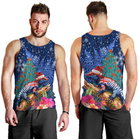 New Zealand Tuatara Christmas Men Tank Top Silver Fern and Xmas Pohutukawa Tree Blue Color