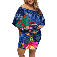 New Zealand Tuatara Christmas Off Shoulder Short Dress Silver Fern and Xmas Pohutukawa Tree Blue Color LT03 Women Blue - Polynesian Pride