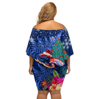 New Zealand Tuatara Christmas Off Shoulder Short Dress Silver Fern and Xmas Pohutukawa Tree Blue Color LT03 - Polynesian Pride