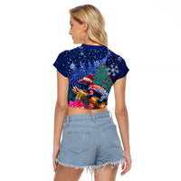 New Zealand Tuatara Christmas Raglan Cropped T Shirt Silver Fern and Xmas Pohutukawa Tree Blue Color