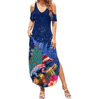 New Zealand Tuatara Christmas Summer Maxi Dress Silver Fern and Xmas Pohutukawa Tree Blue Color LT03 Women Blue - Polynesian Pride