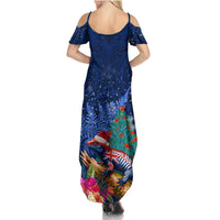 New Zealand Tuatara Christmas Summer Maxi Dress Silver Fern and Xmas Pohutukawa Tree Blue Color LT03 - Polynesian Pride