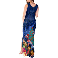 New Zealand Tuatara Christmas Tank Maxi Dress Silver Fern and Xmas Pohutukawa Tree Blue Color
