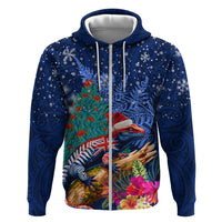 New Zealand Tuatara Christmas Zip Hoodie Silver Fern and Xmas Pohutukawa Tree Blue Color