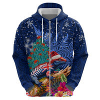 New Zealand Tuatara Christmas Zip Hoodie Silver Fern and Xmas Pohutukawa Tree Blue Color