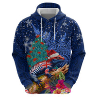 New Zealand Tuatara Christmas Zip Hoodie Silver Fern and Xmas Pohutukawa Tree Blue Color
