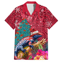 New Zealand Tuatara Christmas Family Matching Long Sleeve Bodycon Dress and Hawaiian Shirt Silver Fern and Xmas Pohutukawa Tree Red Color