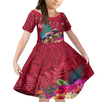 New Zealand Tuatara Christmas Family Matching Mermaid Dress and Hawaiian Shirt Silver Fern and Xmas Pohutukawa Tree Red Color