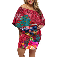New Zealand Tuatara Christmas Off Shoulder Short Dress Silver Fern and Xmas Pohutukawa Tree Red Color LT03 Women Red - Polynesian Pride