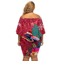 New Zealand Tuatara Christmas Off Shoulder Short Dress Silver Fern and Xmas Pohutukawa Tree Red Color LT03 - Polynesian Pride