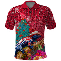 New Zealand Tuatara Christmas Polo Shirt Silver Fern and Xmas Pohutukawa Tree Red Color
