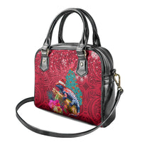 New Zealand Tuatara Christmas Shoulder Handbag Silver Fern and Xmas Pohutukawa Tree Red Color