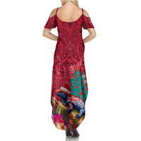 New Zealand Tuatara Christmas Summer Maxi Dress Silver Fern and Xmas Pohutukawa Tree Red Color LT03 - Polynesian Pride