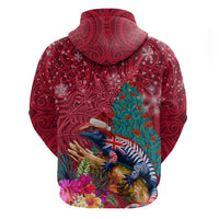 New Zealand Tuatara Christmas Zip Hoodie Silver Fern and Xmas Pohutukawa Tree Red Color