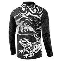 New Zealand Tuatara Tribal Tattoo Button Sweatshirt Silver Fern and Maori Pattern Black Color