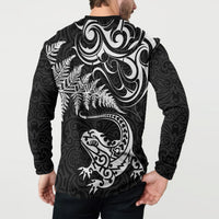 New Zealand Tuatara Tribal Tattoo Button Sweatshirt Silver Fern and Maori Pattern Black Color