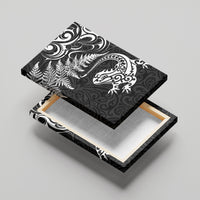 New Zealand Tuatara Tribal Tattoo Canvas Wall Art Silver Fern and Maori Pattern Black Color