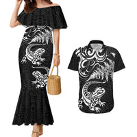New Zealand Tuatara Tribal Tattoo Couples Matching Mermaid Dress and Hawaiian Shirt Silver Fern and Maori Pattern Black Color LT03 Black - Polynesian Pride